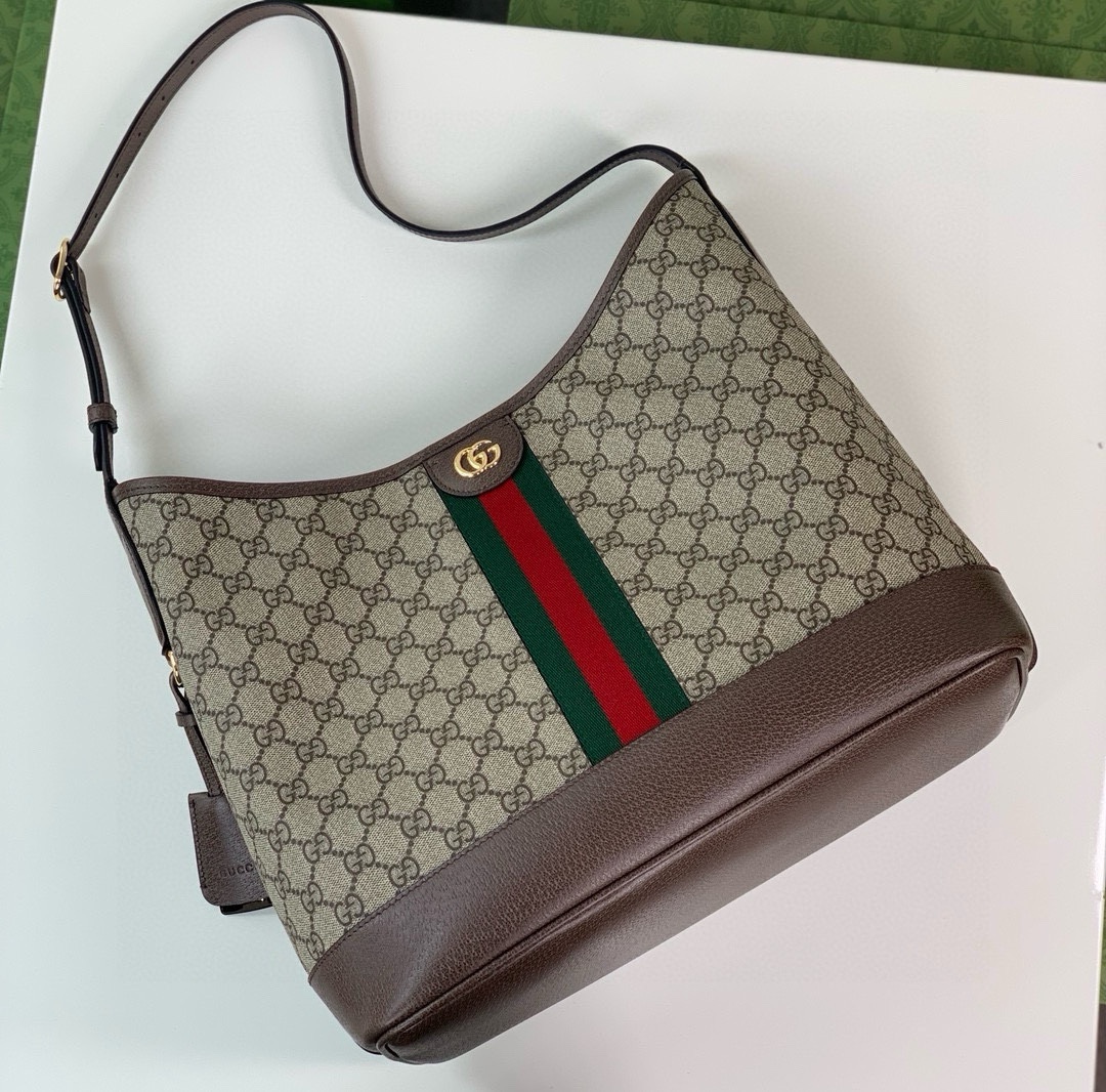 Gucci Ophidia Medium GG Shoulder Bag 781392 in Beige and Ebony with Brown Leather Trim