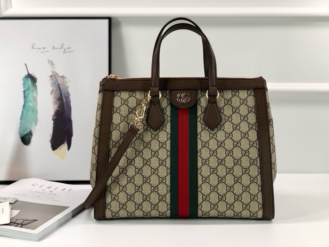 Gucci Ophidia Tote Bag 524537 in Classic GG with Signature Red and Green Webbing