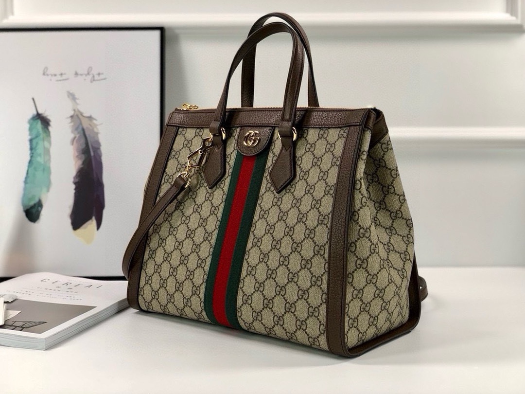 Gucci Ophidia Tote Bag 524537 in Classic GG with Signature Red and Green Webbing