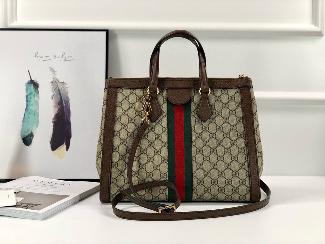 Gucci Ophidia Tote Bag 524537 in Classic GG with Signature Red and Green Webbing