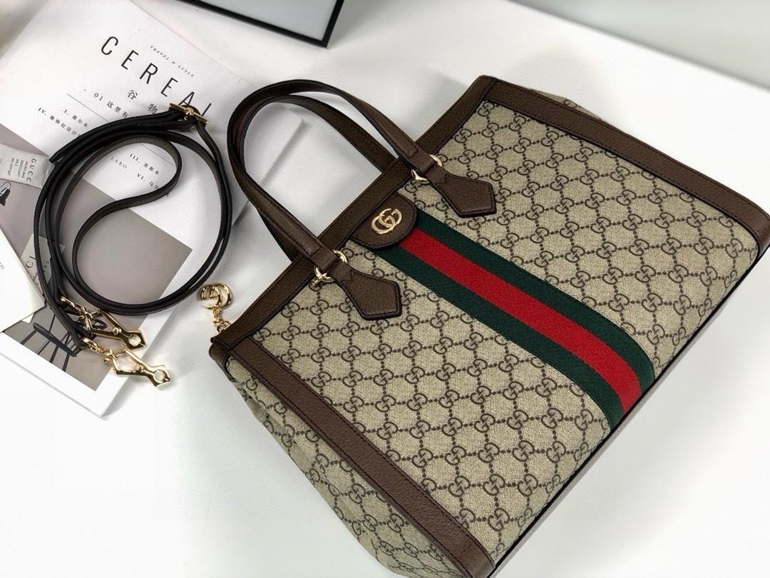 Gucci Ophidia Tote Bag 524537 in Classic GG with Signature Red and Green Webbing