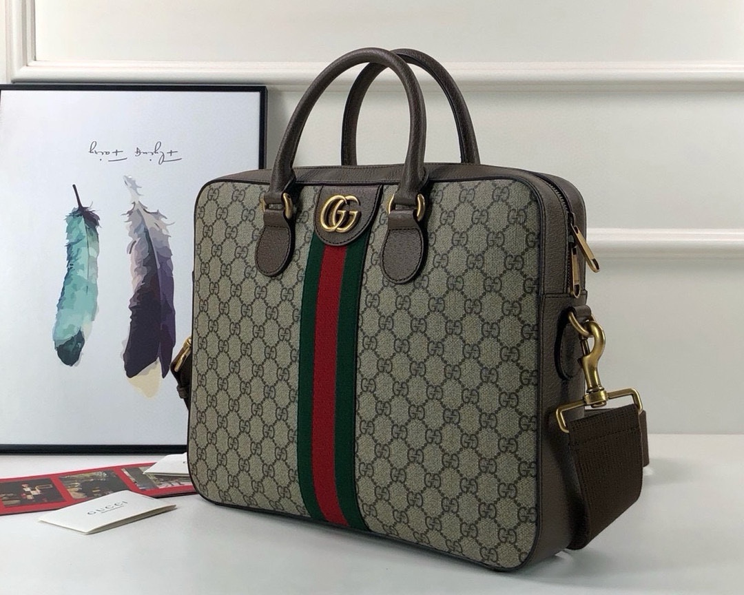 Gucci Ophidia Briefcase 574793 in Classic GG with Signature Red and Green Webbing