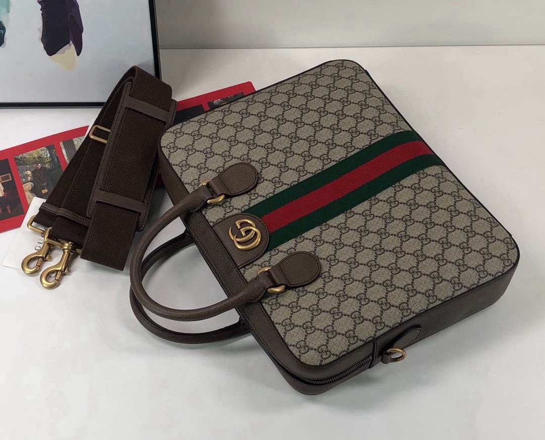 Gucci Ophidia Briefcase 574793 in Classic GG with Signature Red and Green Webbing