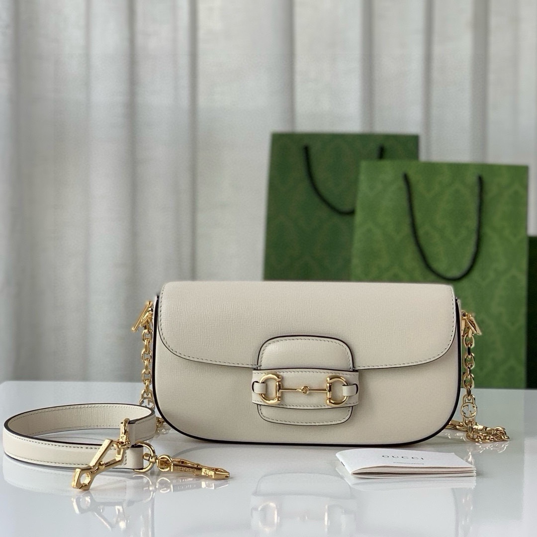 Gucci Horsebit 1955 Shoulder Bag - White Leather with Gold Accents