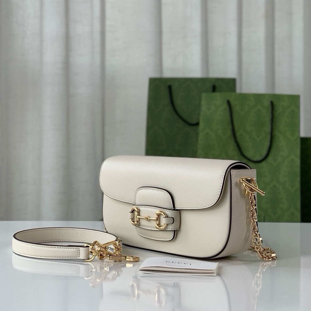 Gucci Horsebit 1955 Shoulder Bag - White Leather with Gold Accents