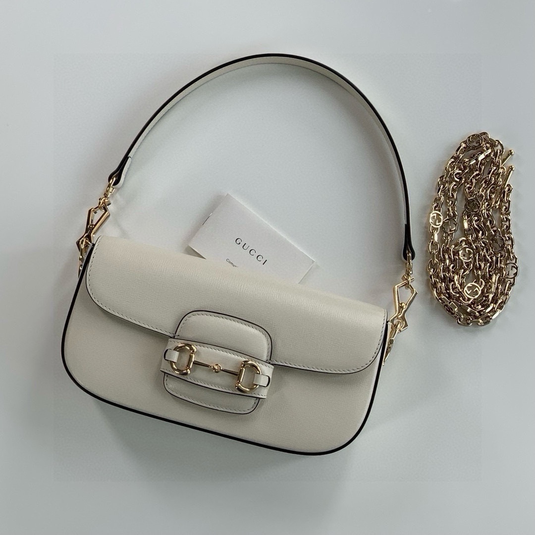 Gucci Horsebit 1955 Shoulder Bag - White Leather with Gold Accents