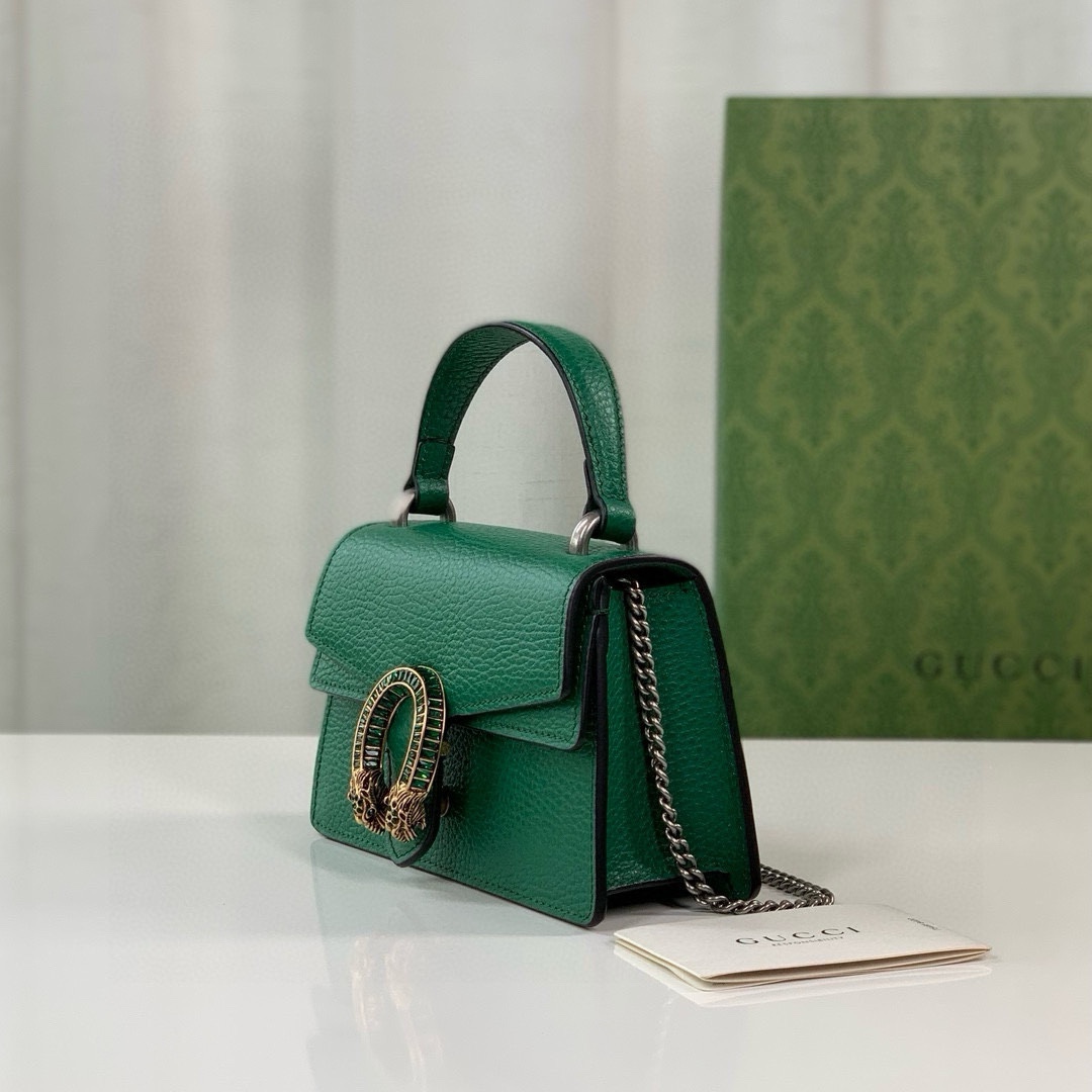 Gucci Dionysus Mini Handbag - Green Leather with Crystal Double Tiger Head Closure 752029