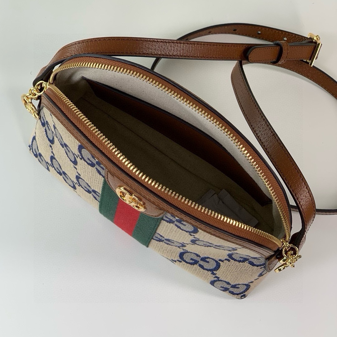 Gucci Ophidia Super Double G Shoulder Bag - Beige and Blue with Brown Leather 499621