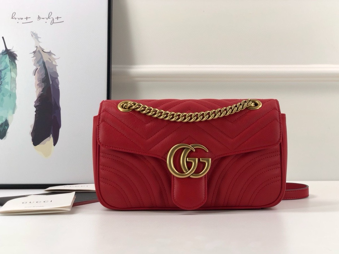 Gucci GG Marmont Medium Chain Bag - Upgraded Leather in Bright Red 443497