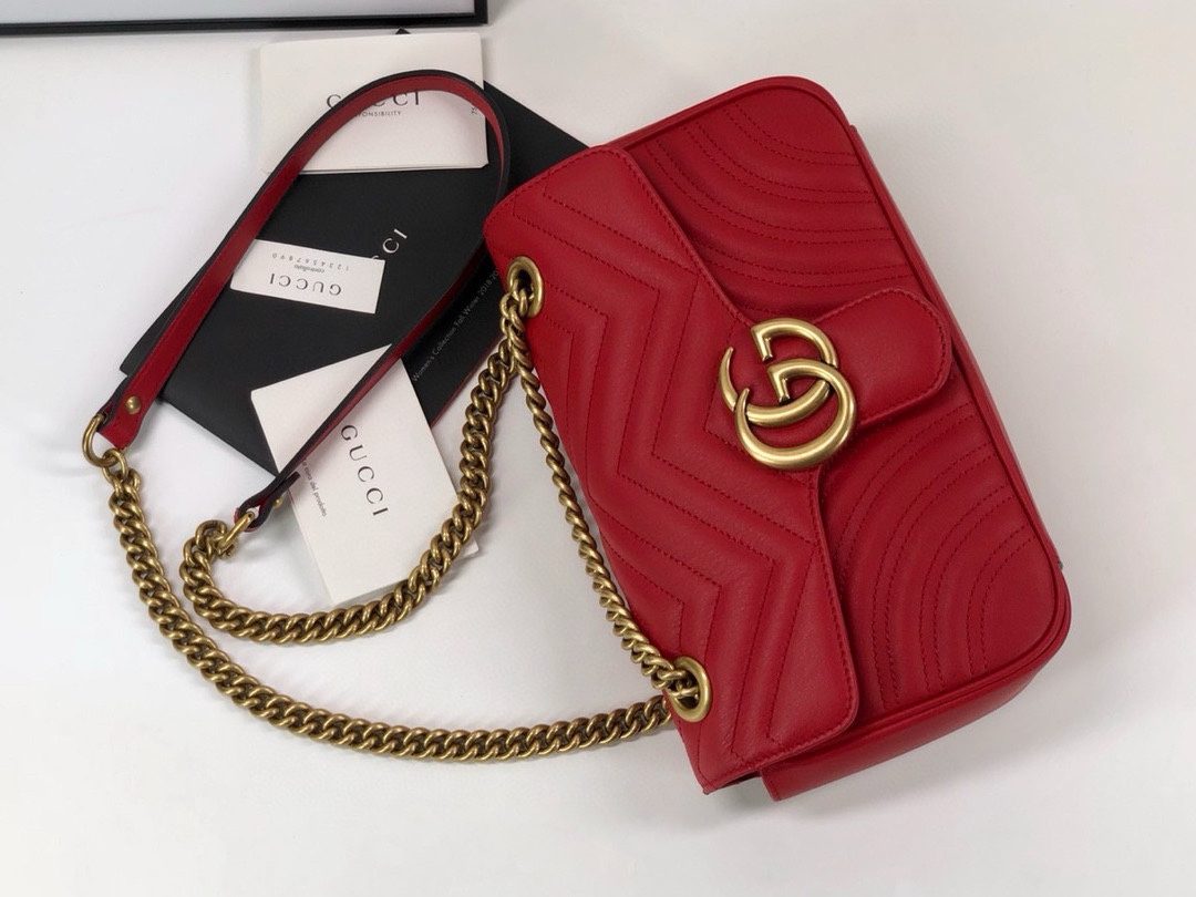 Gucci GG Marmont Medium Chain Bag - Upgraded Leather in Bright Red 443497