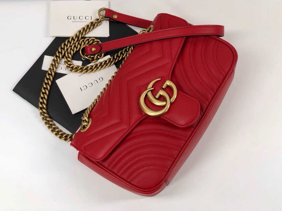 Gucci GG Marmont Medium Chain Bag - Upgraded Leather in Bright Red 443497