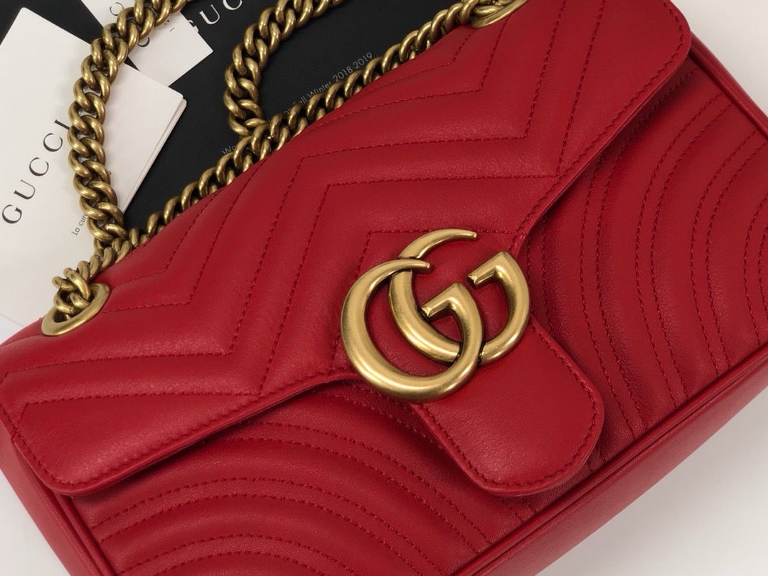 Gucci GG Marmont Medium Chain Bag - Upgraded Leather in Bright Red 443497