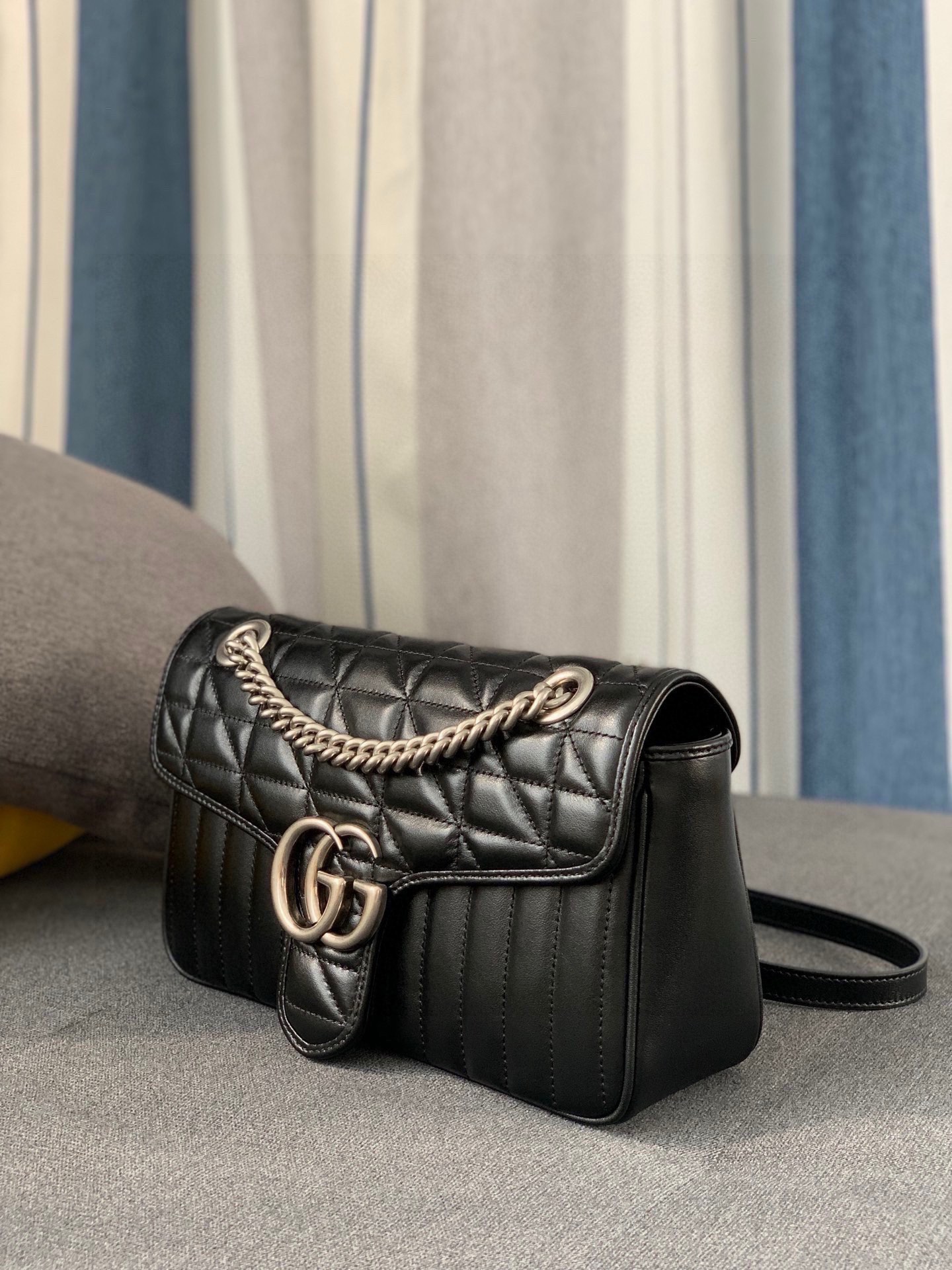 Gucci GG Marmont Medium Shoulder Bag - Upgraded Hardware in Black Quilted Leather 443497