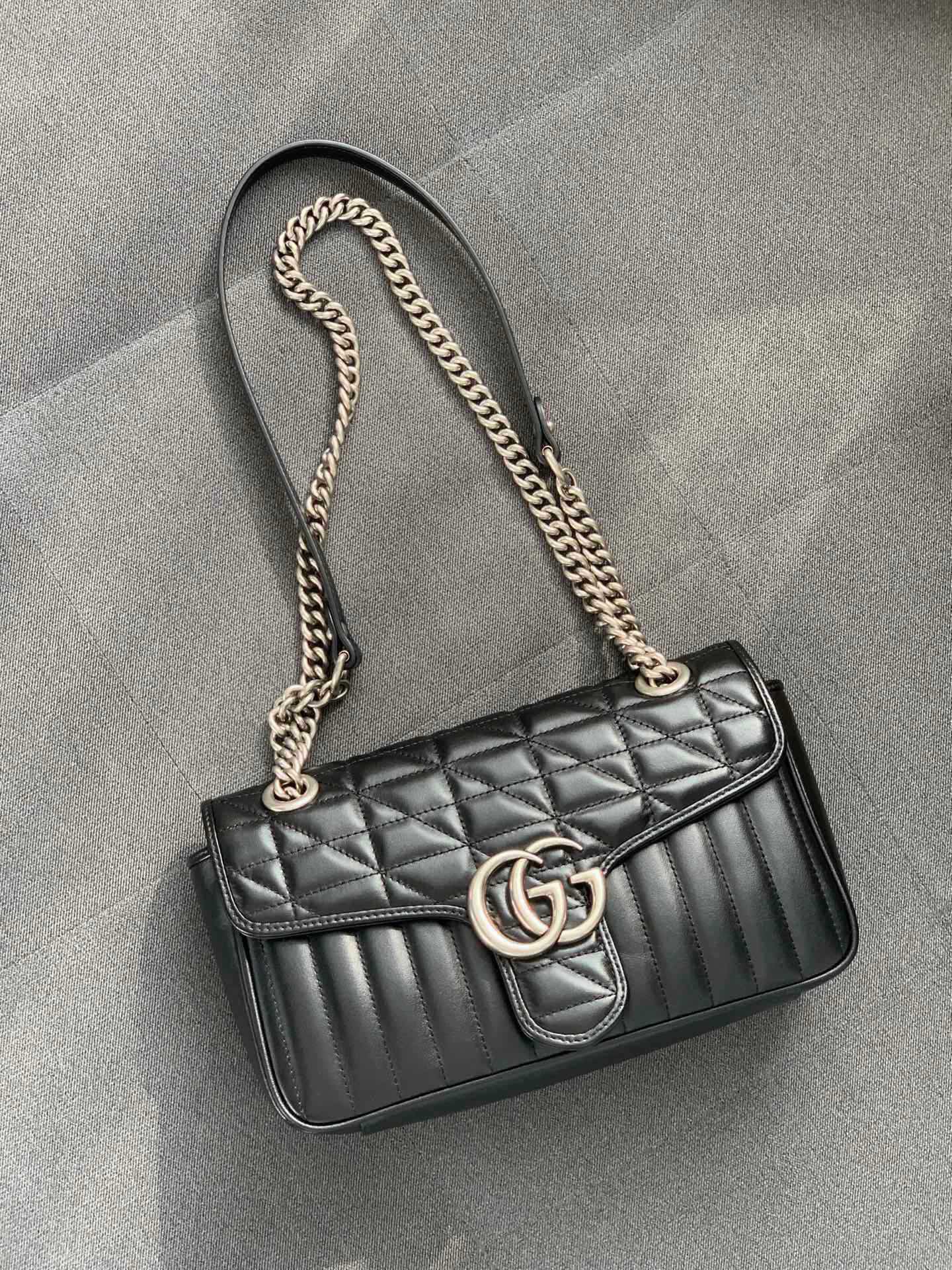 Gucci GG Marmont Medium Shoulder Bag - Upgraded Hardware in Black Quilted Leather 443497