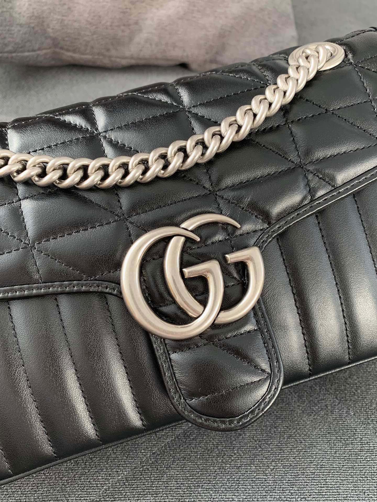 Gucci GG Marmont Medium Shoulder Bag - Upgraded Hardware in Black Quilted Leather 443497