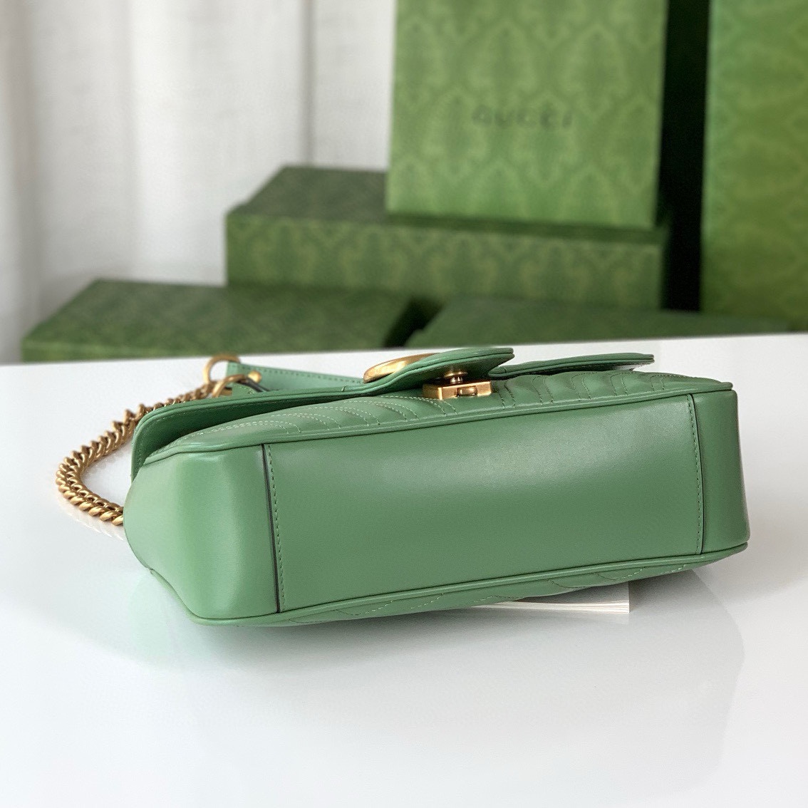 Gucci GG Marmont Medium Chain Bag - Upgraded Leather in Avocado Green 443497