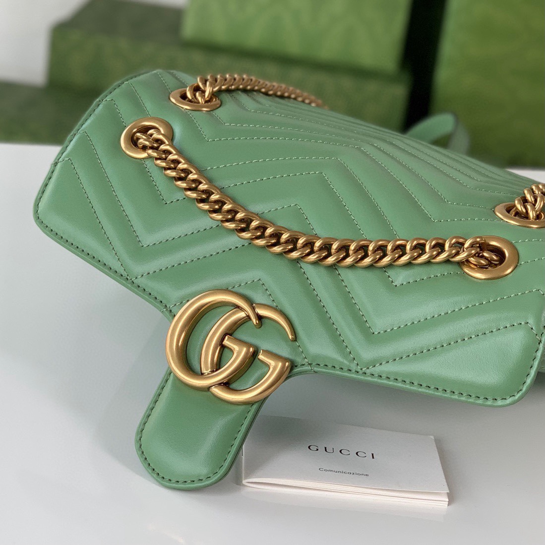 Gucci GG Marmont Medium Chain Bag - Upgraded Leather in Avocado Green 443497