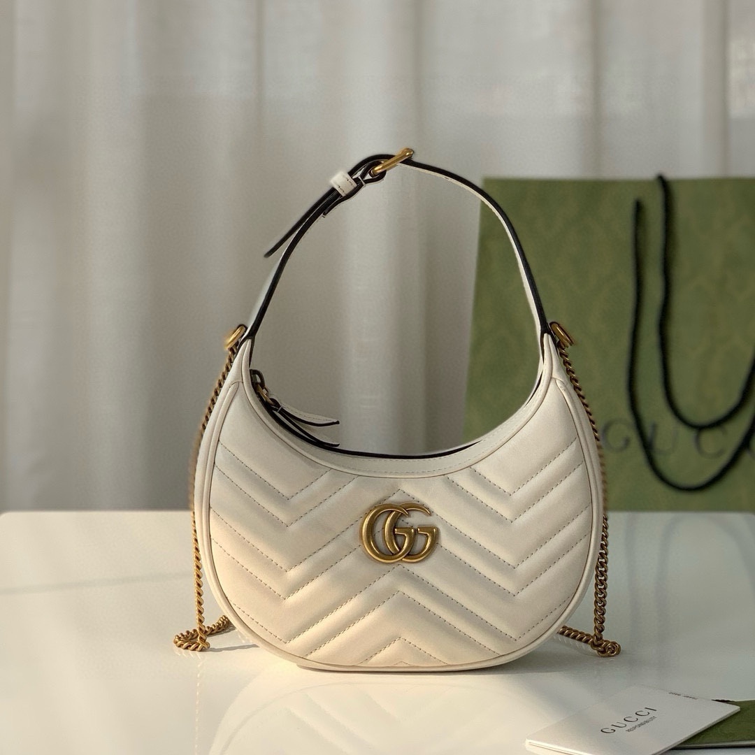 Gucci GG Marmont Mini Half-Moon Bag - Style 699514 in White Quilted Leather