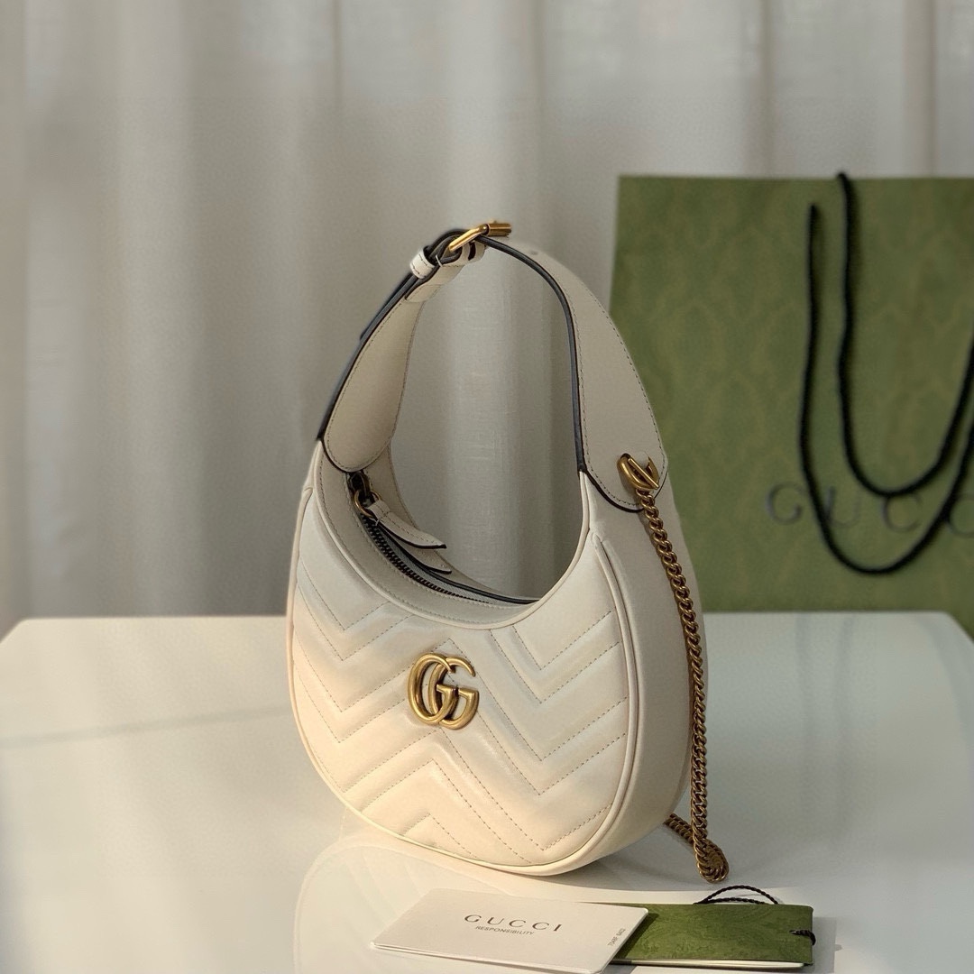 Gucci GG Marmont Mini Half-Moon Bag - Style 699514 in White Quilted Leather