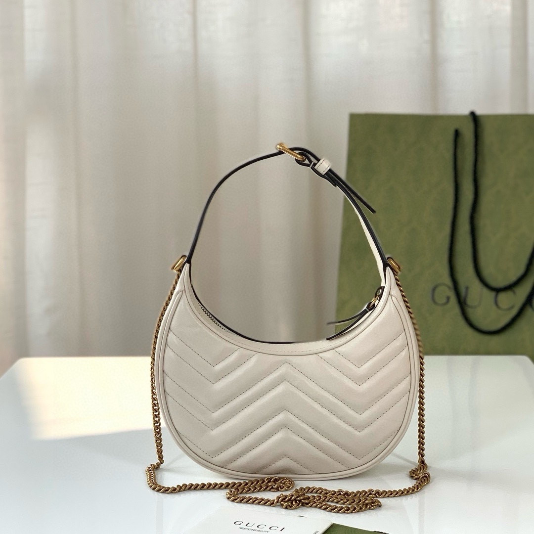 Gucci GG Marmont Mini Half-Moon Bag - Style 699514 in White Quilted Leather