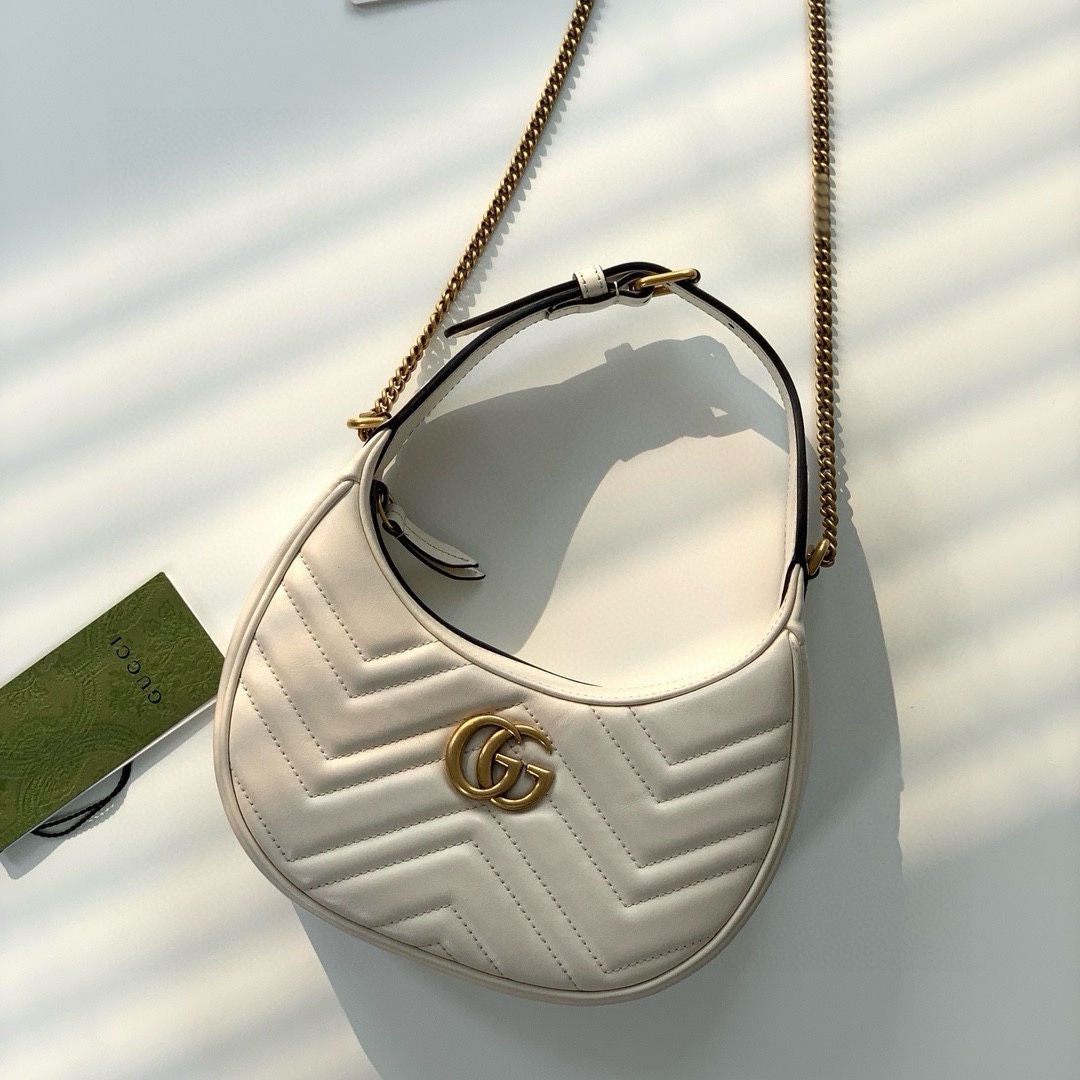 Gucci GG Marmont Mini Half-Moon Bag - Style 699514 in White Quilted Leather