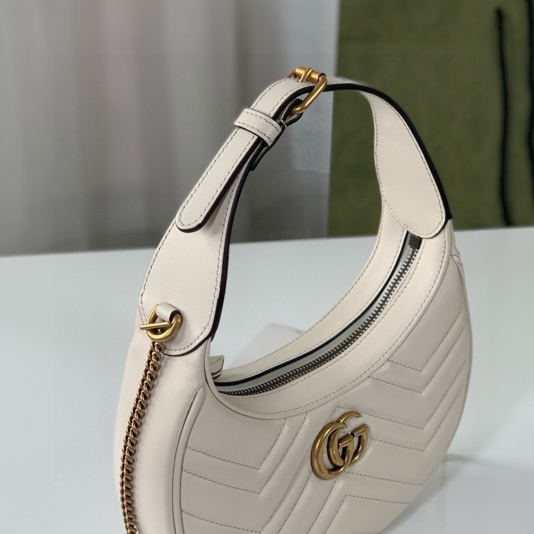 Gucci GG Marmont Mini Half-Moon Bag - Style 699514 in White Quilted Leather