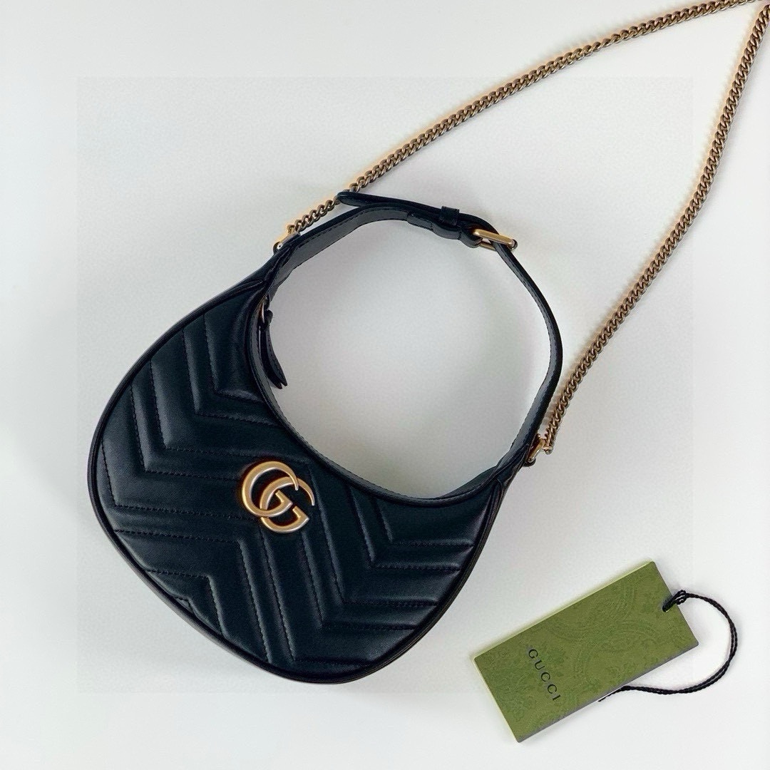 Gucci GG Marmont Mini Half-Moon Bag - Style 699514 in Black Quilted Leather