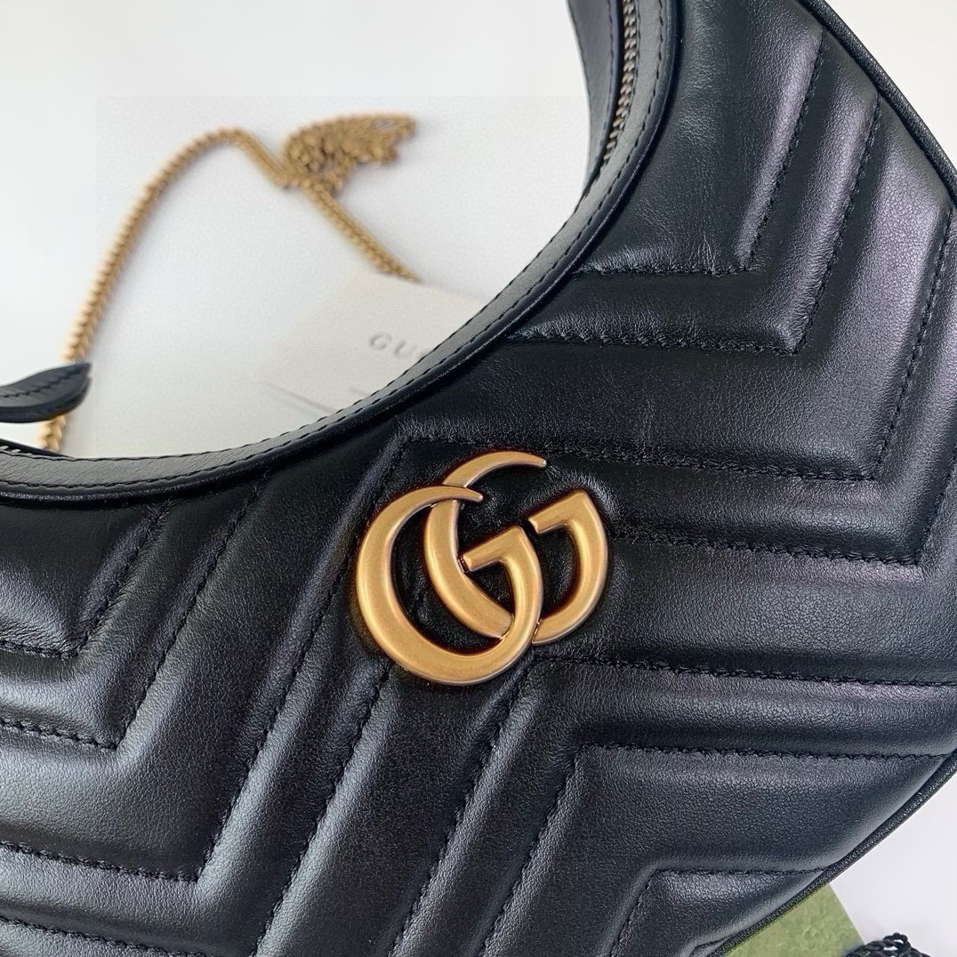 Gucci GG Marmont Mini Half-Moon Bag - Style 699514 in Black Quilted Leather