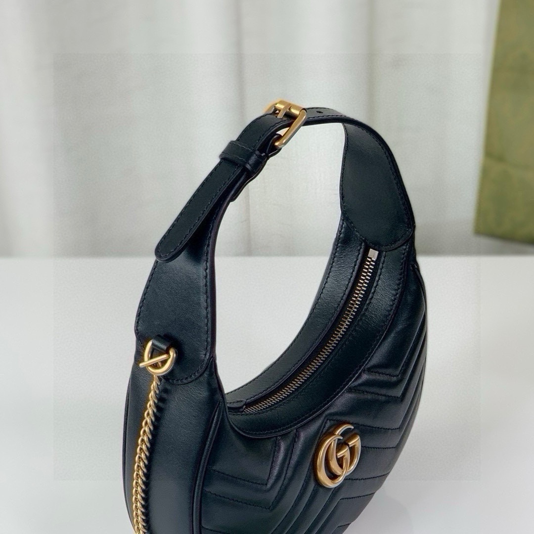 Gucci GG Marmont Mini Half-Moon Bag - Style 699514 in Black Quilted Leather