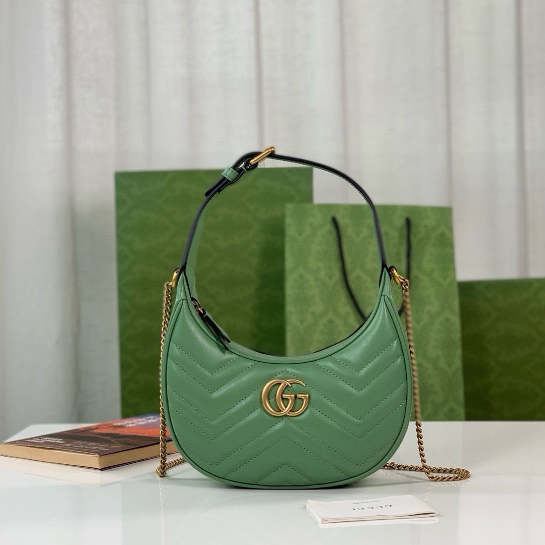 Gucci GG Marmont Mini Half-Moon Bag - Style 699514 in Light Green Quilted Leather