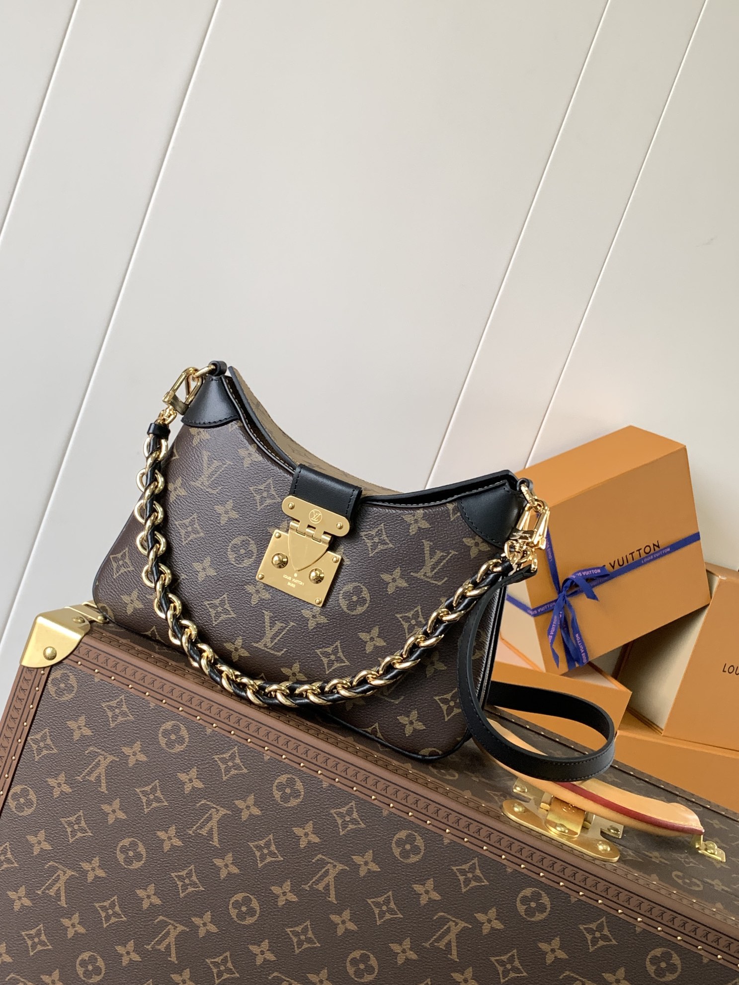 LV M46659 handbag Variable code chip Monogram and Monogram Reverse canvas with leather trim S-lock lock with braided chain str