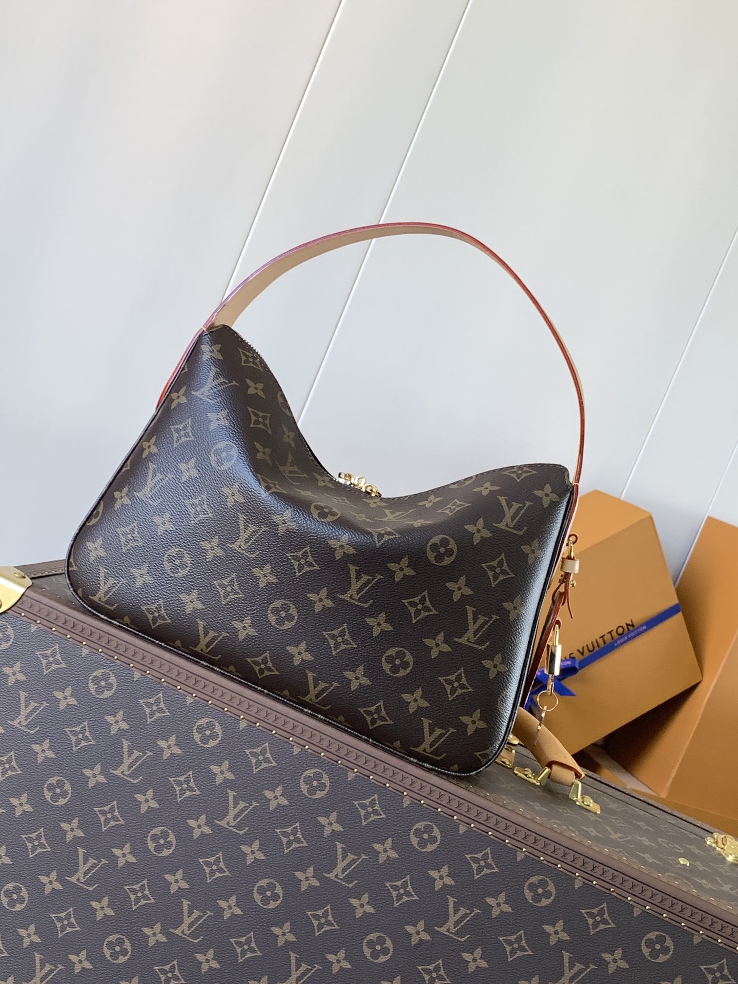 Variable Code Chip LV M11952 Lucky Trunk handbag. Monogram canvas. Metal frame. Latch. By the hand. Shoulder and back.