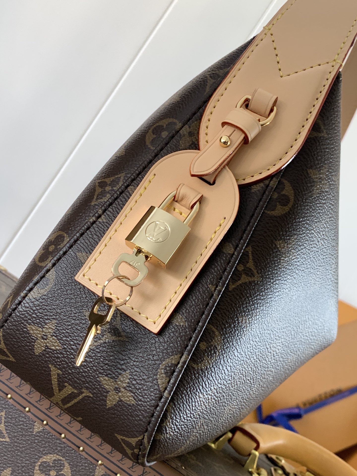 Variable Code Chip LV M11952 Lucky Trunk handbag. Monogram canvas. Metal frame. Latch. By the hand. Shoulder and back.