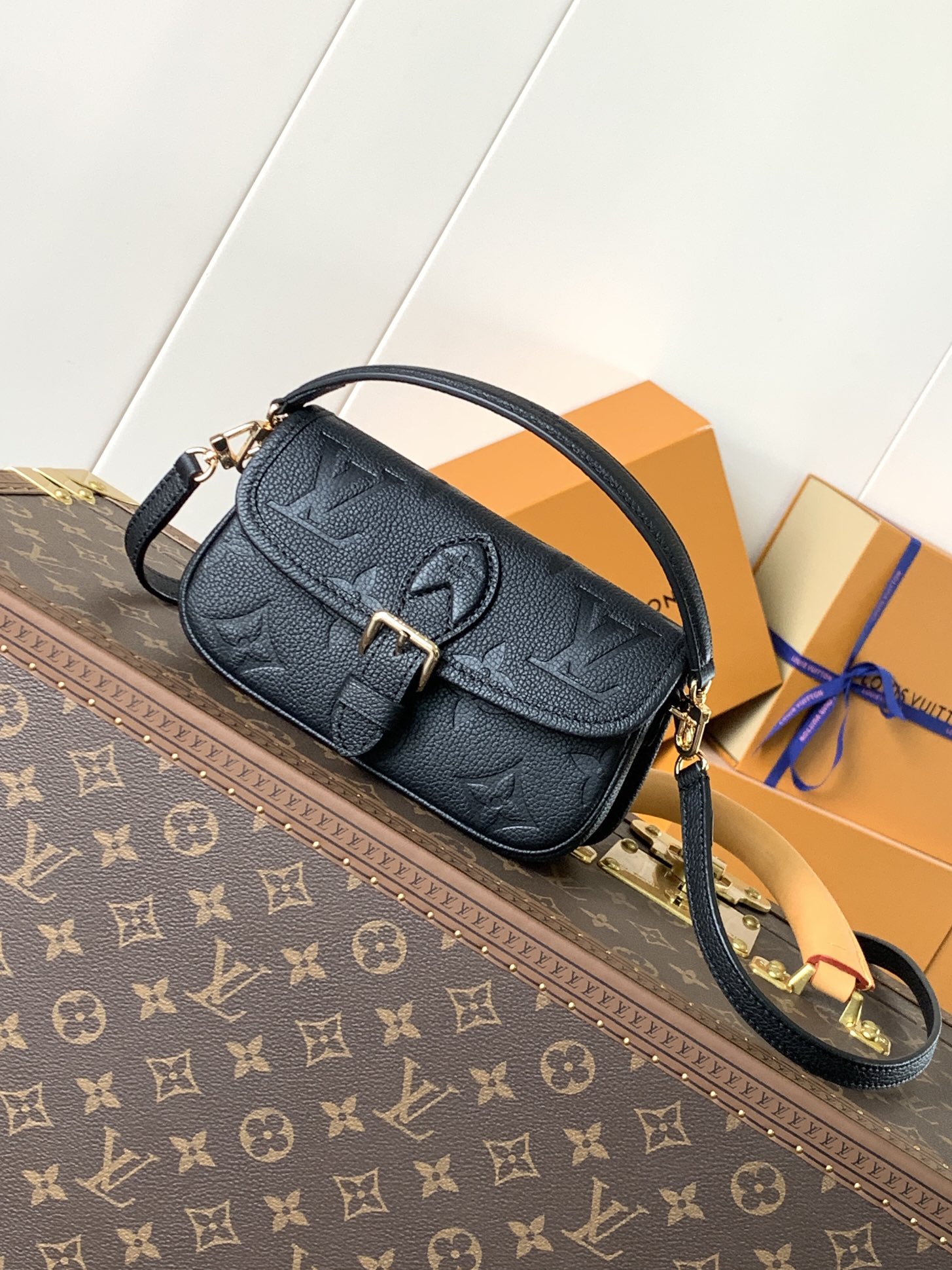 Variable Code Chip LV M83566 Black Nano Diane Handbag. Monogram Empreinte leather. Flap, magnetic buckle open and close