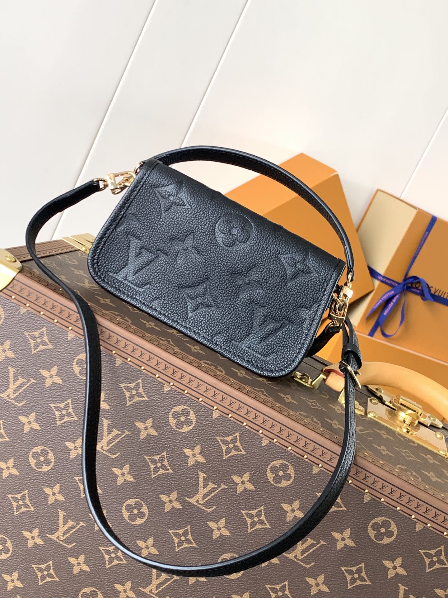 Variable Code Chip LV M83566 Black Nano Diane Handbag. Monogram Empreinte leather. Flap, magnetic buckle open and close