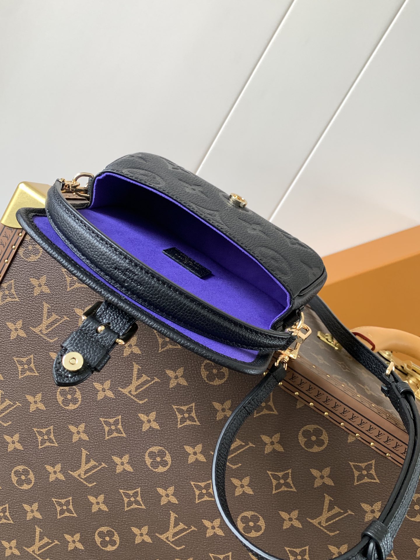 Variable Code Chip LV M83566 Black Nano Diane Handbag. Monogram Empreinte leather. Flap, magnetic buckle open and close