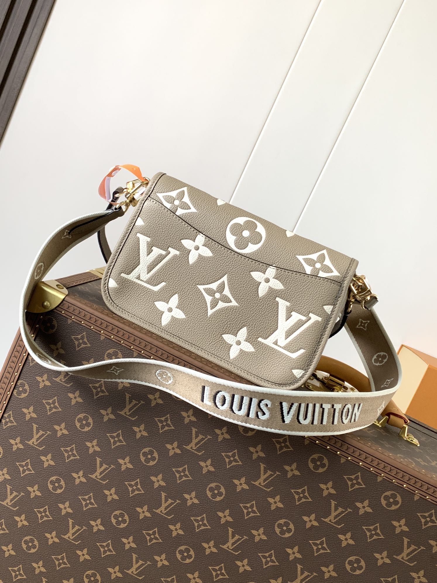 Variable Code Chip LV M46583 Apricot Silk Screen Diane Handbag Monogram Empreinte embossed leather removable wide jacquard shoul