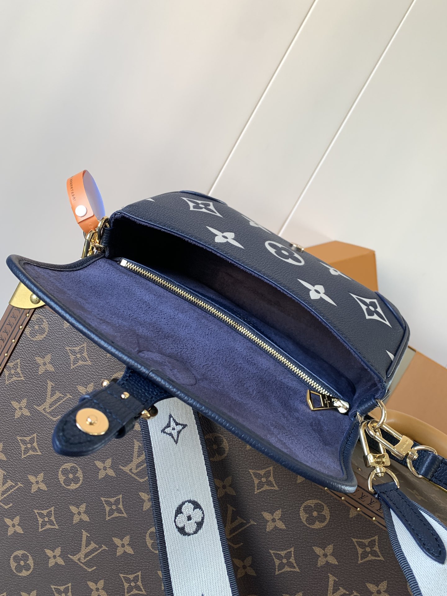 Variable Code Chip LV M47161 Blue  Diane Handbag Monogram Empreinte embossed leather removable wide jacquard shoulder strap