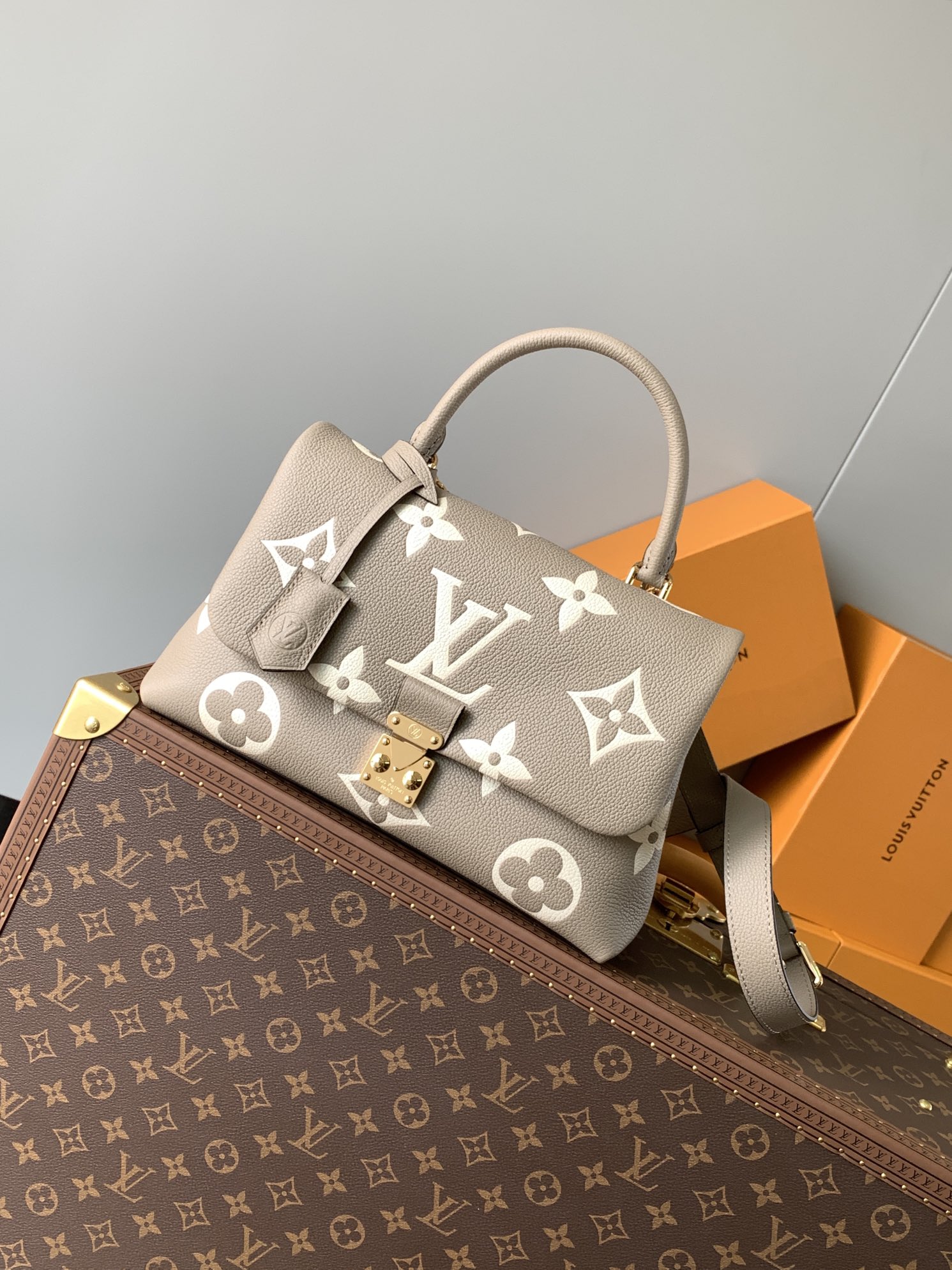 Variable Code Chip LV M46041 Grey silk screen large Madeleine Medium handbag with Monogram Empreinte bovine leather S-lock lock