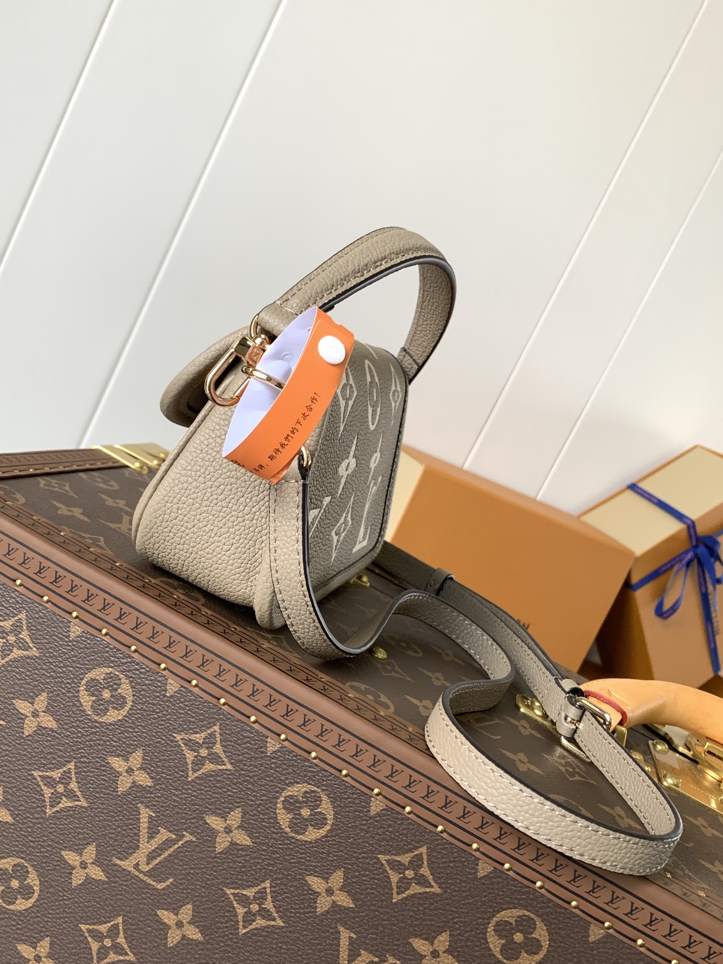 Variable Code Chip LV M83300 Apricot Nano Diane Handbag. Monogram Empreinte leather. Flap, magnetic buckle open and close