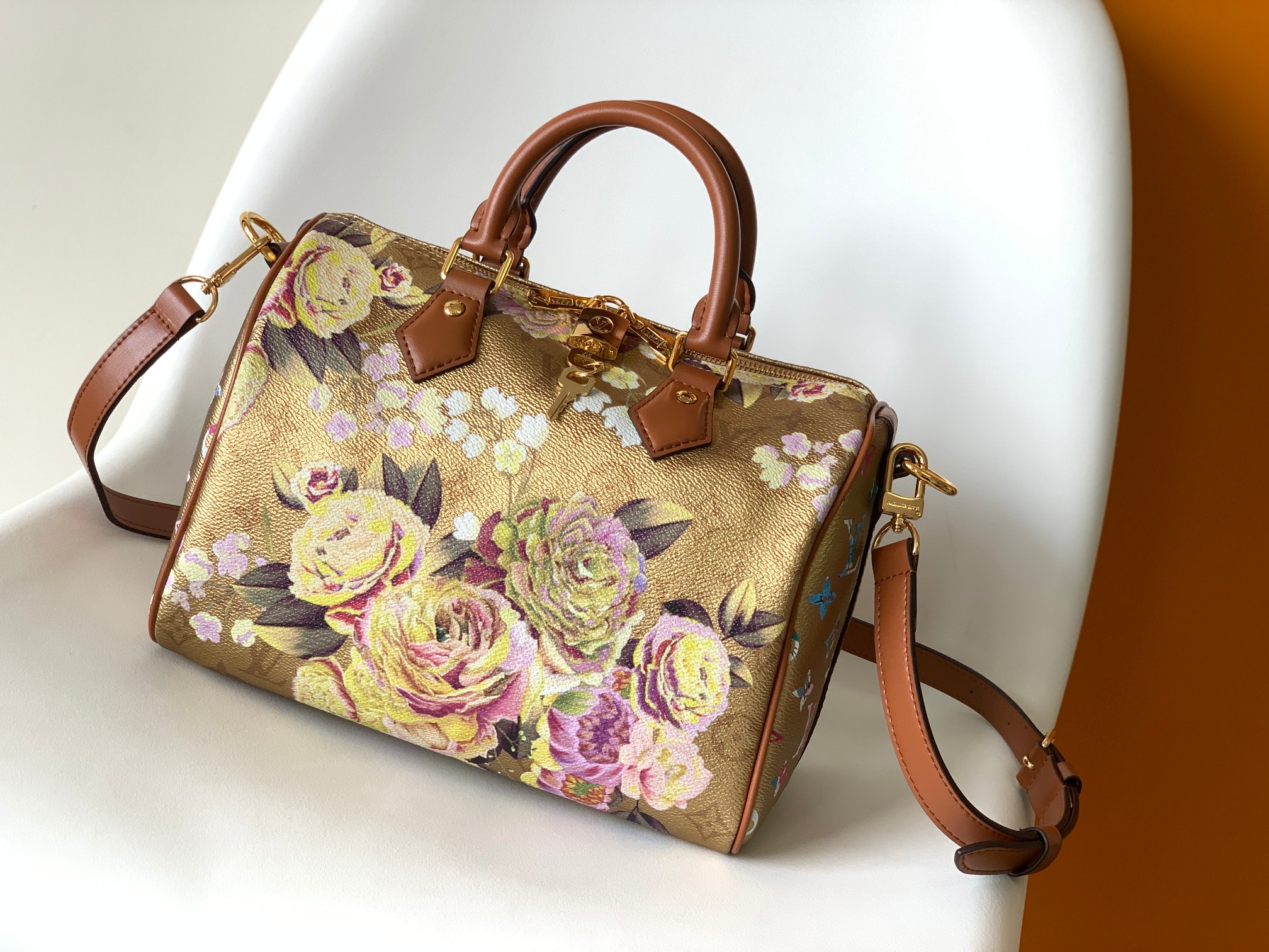 OnTheGo Handbag M21317 by Louis Vuitton LV in Gold Floral Print Monogram Empreinte Leather