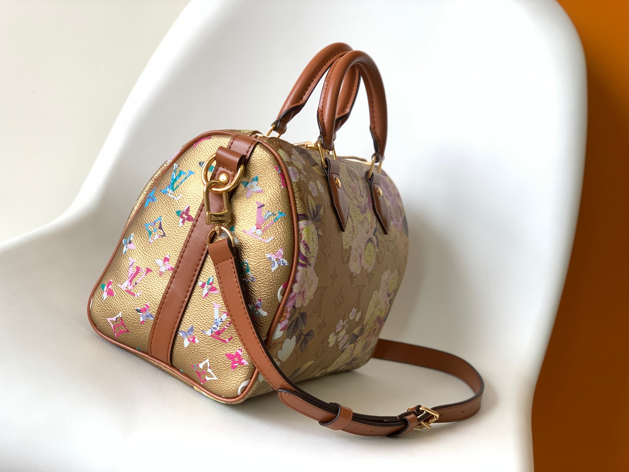 OnTheGo Handbag M21317 by Louis Vuitton LV in Gold Floral Print Monogram Empreinte Leather