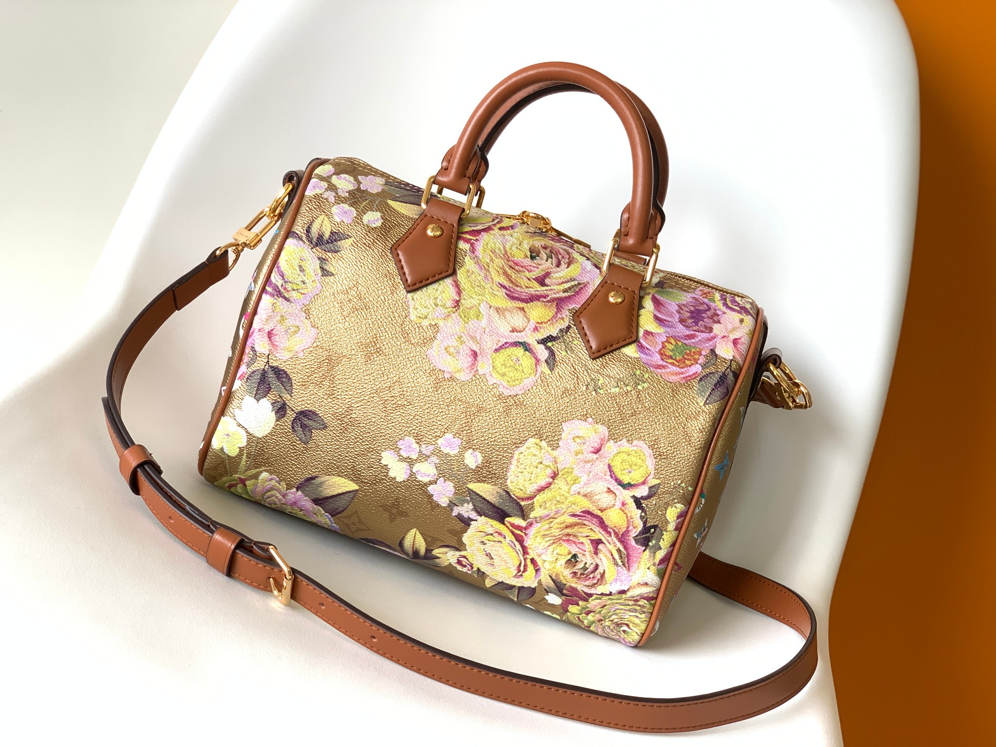 OnTheGo Handbag M21317 by Louis Vuitton LV in Gold Floral Print Monogram Empreinte Leather