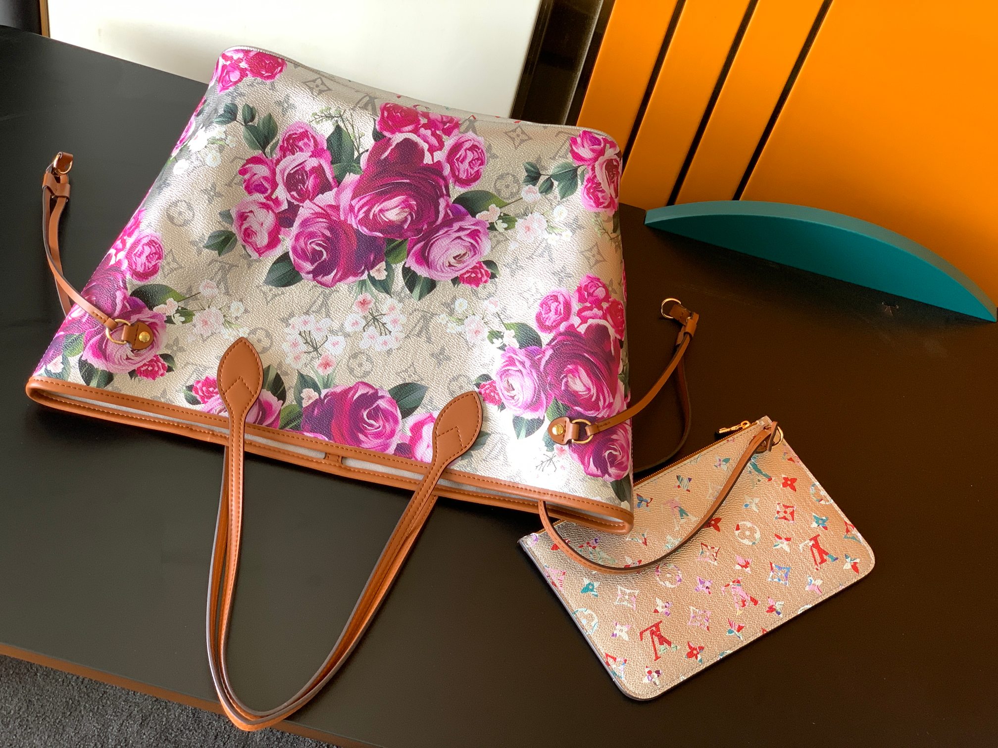 Neverfull MM Bag M21352 by Louis Vuitton LV in Rose Floral Print