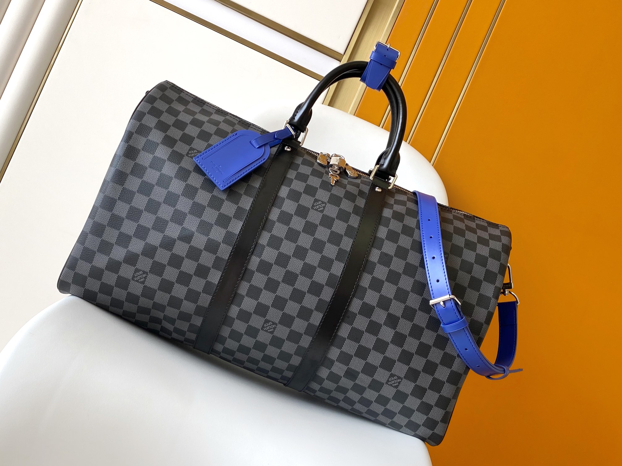 N00096 Keepall 50 Bag by Louis Vuitton LV in Black Check with Blue