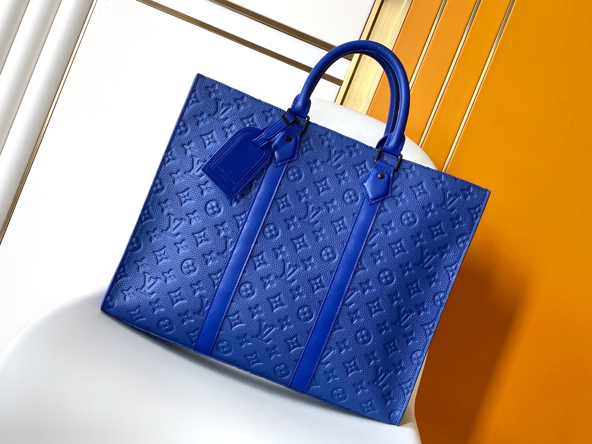 Louis Vuitton LV Sac Plat 24H Handbag - M11690 Blue Monogram Embossed