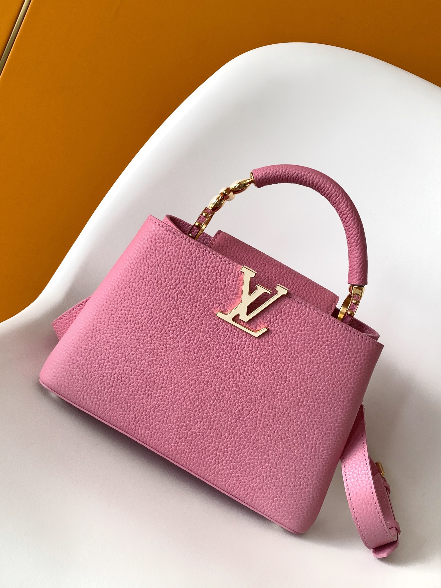 Louis Vuitton LV M24989 Dynamic Code Chip Special Edition Capucines Mini Handbag in Peach Pink