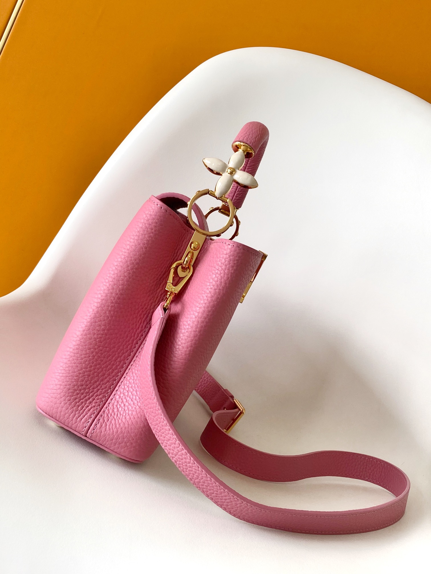 Louis Vuitton LV M24989 Dynamic Code Chip Special Edition Capucines Mini Handbag in Peach Pink