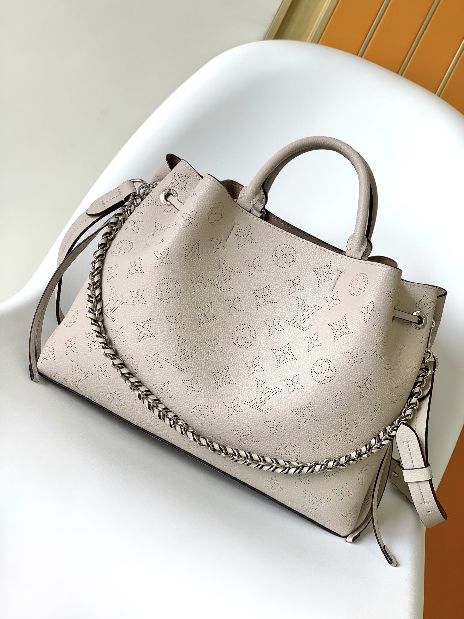 Louis Vuitton LV M59201 Bella Tote Handbag in Grey Perforated Leather