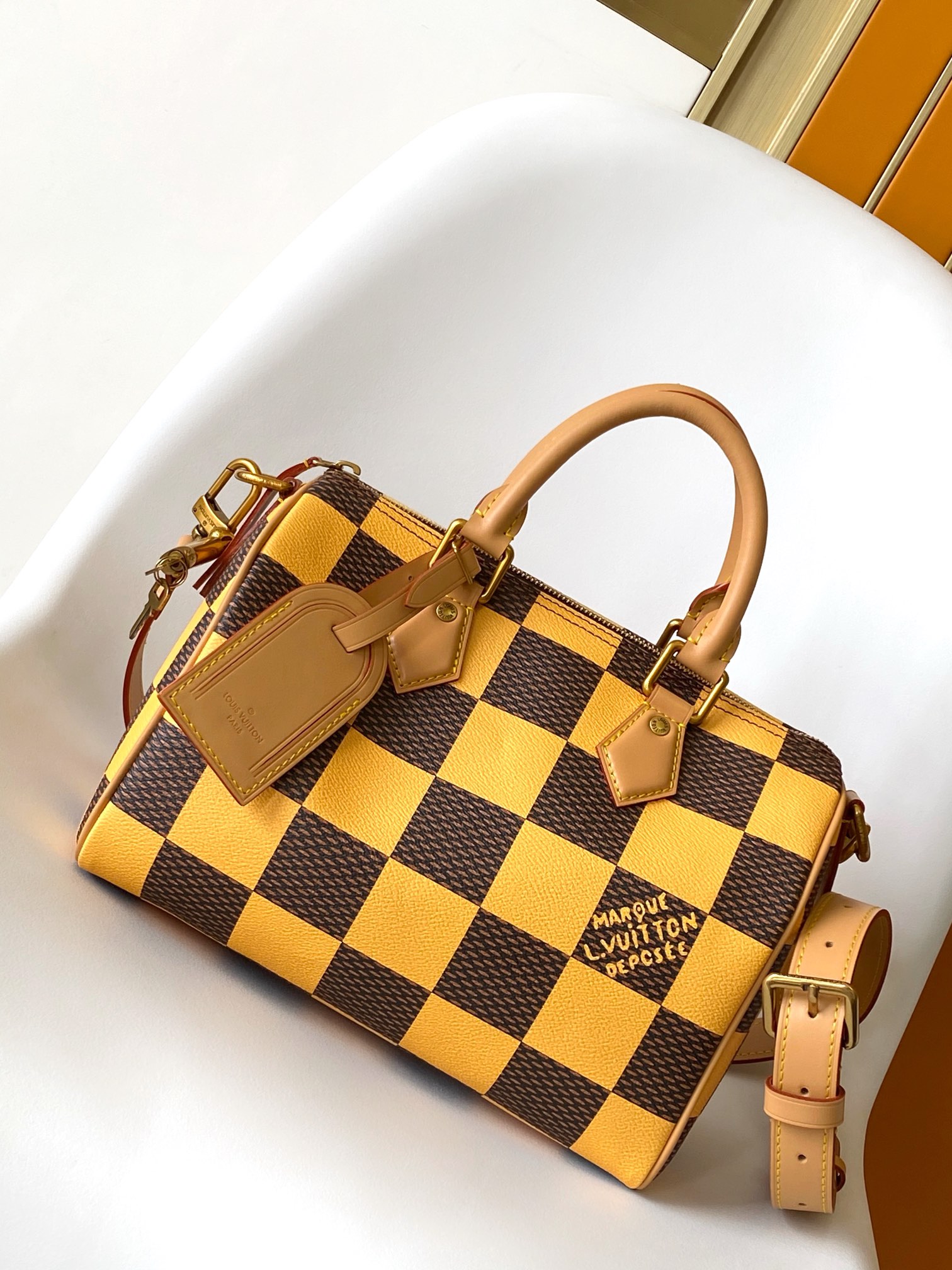 Louis Vuitton LV N40584 Speedy 18 Bandouli??re Handbag in Yellow Damier Pop Canvas